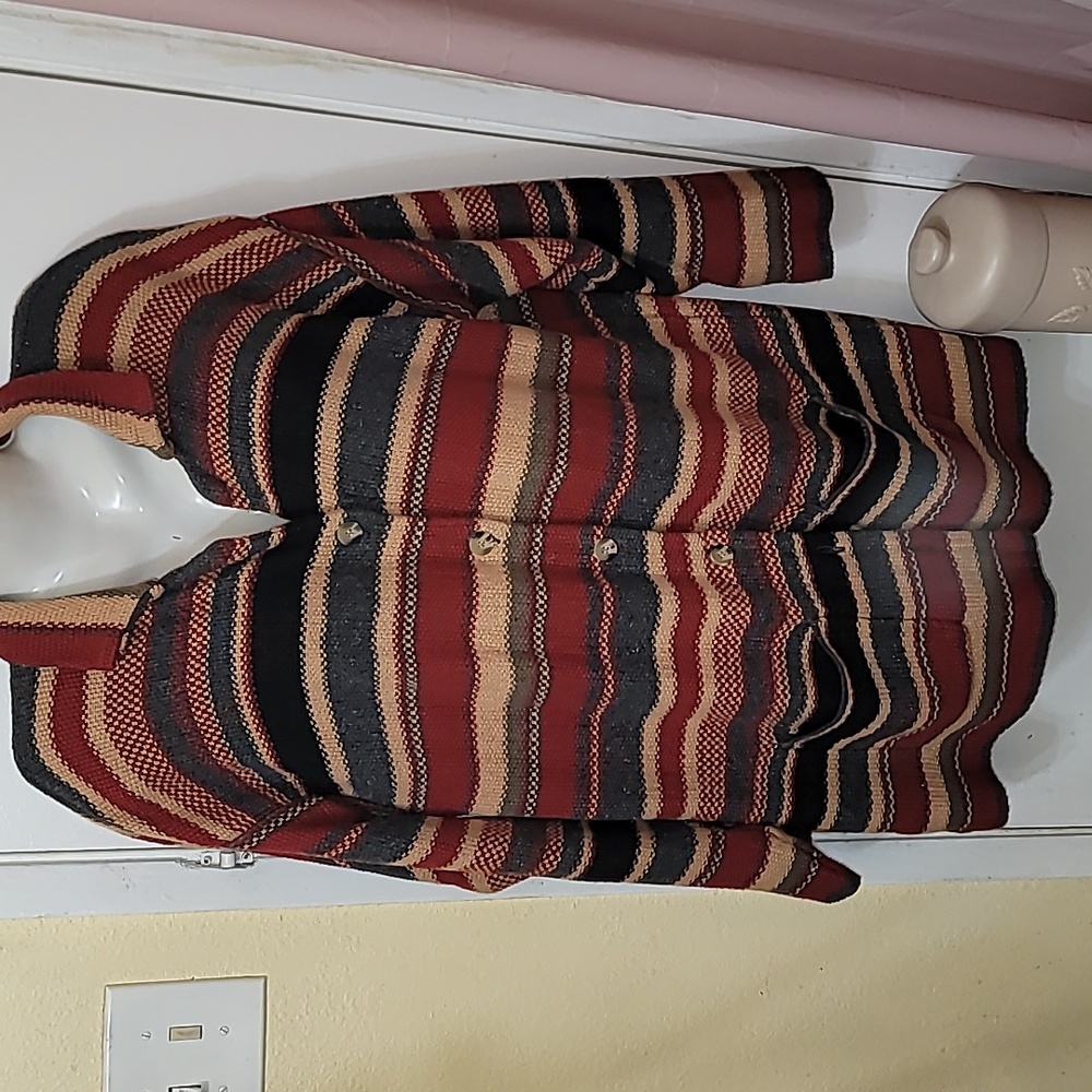 Vtg cardigan long line striped knit pockets multicolored grunge